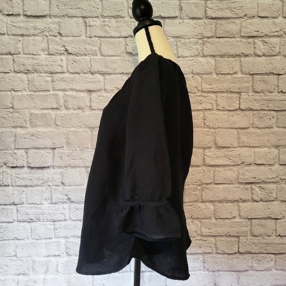 Lane Bryant black linen blend 3/4 sleeve criss cross tie front scoop neck top - Picture 6 of 9